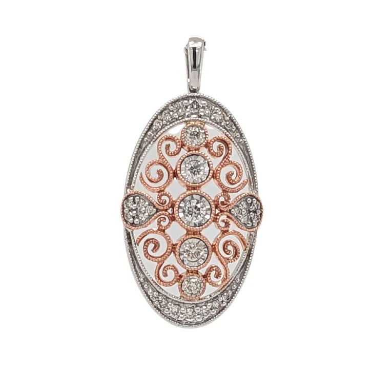 10K Two Tone Oval Filigree Diamond Pendant