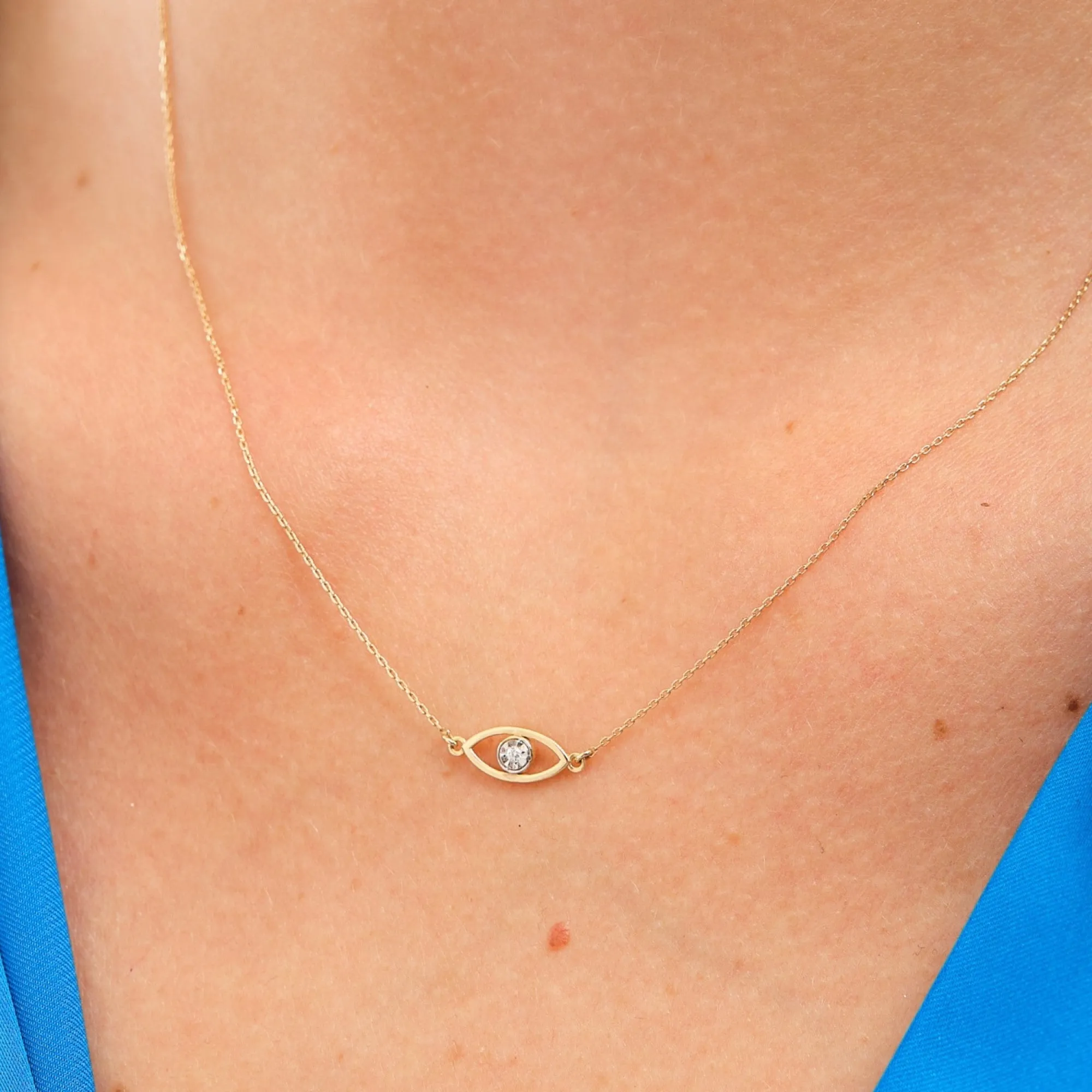 14K Solid Gold Evil Eye Diamond Necklace