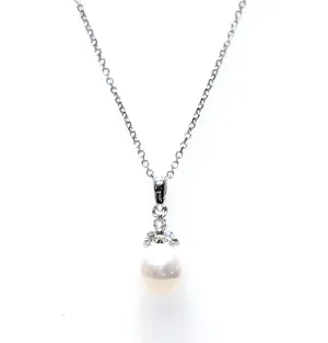 14k White Gold 8mm Cultured Pearl, 0.09Ct Diamond Pendant