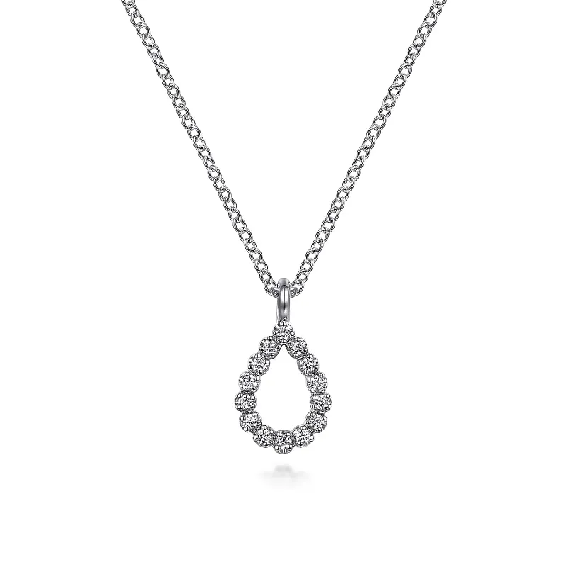 14K White Gold Butter Cup Set Diamond Pear Shape Pendant Necklace