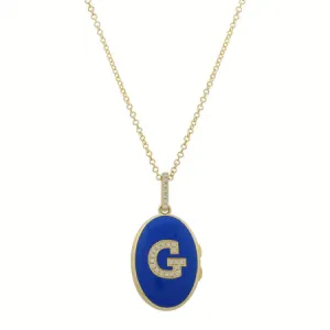 14k Yellow Gold Blue Diamond Initial Enamel Locket Necklace