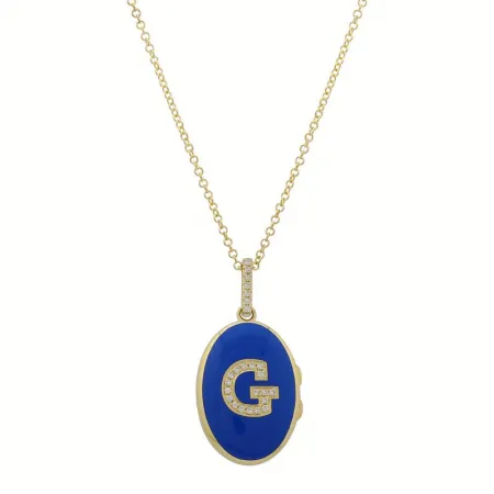 14k Yellow Gold Blue Diamond Initial Enamel Locket Necklace