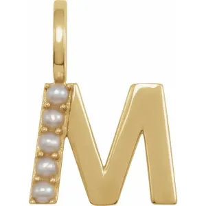 14K Yellow Gold Cultured White Pearl Initial M Charm/Pendant