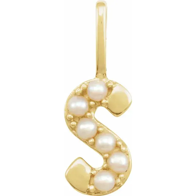 14K Yellow Gold Cultured White Pearl Initial S Charm/Pendant