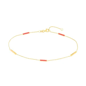 14K Yellow Gold Neon Pink Enamel Alternating Bar Anklet