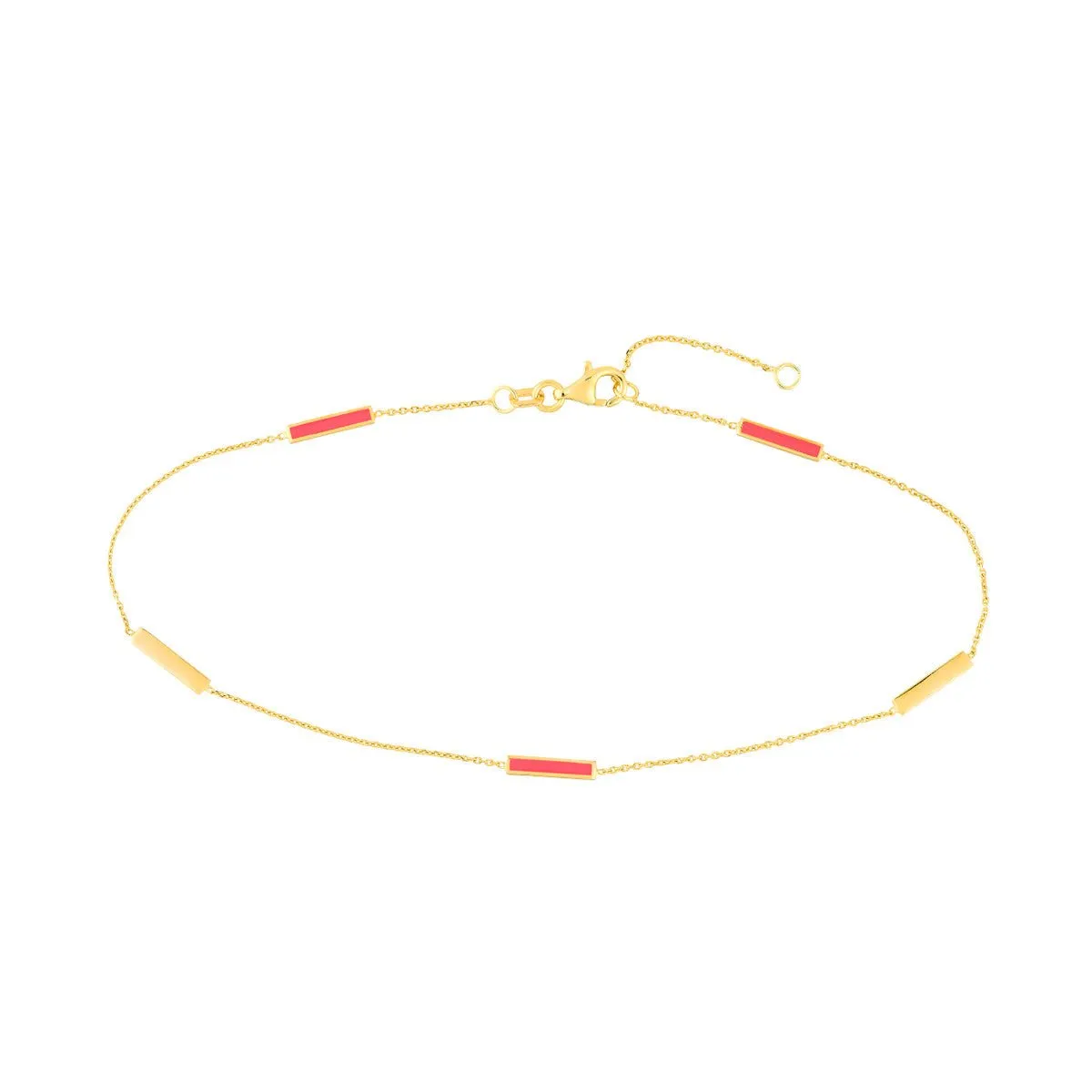 14K Yellow Gold Neon Pink Enamel Alternating Bar Anklet