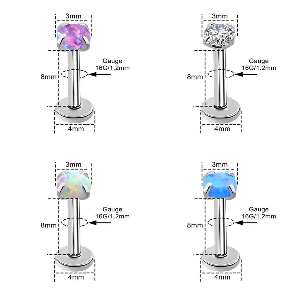 16G 4PCS Internally Threaded Opal/CZ Gem Labret Monroe Stud