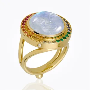 18K Astrid Ring with Blue Moonstone Face and mix color sapphire