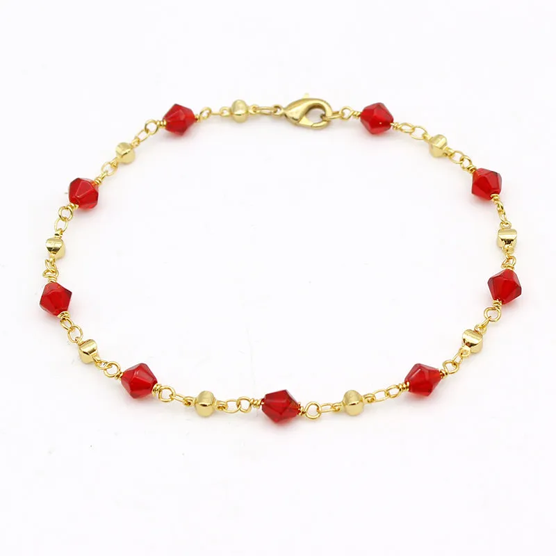 18K GOLD Filled High Polish Finsh Red CRYSTAL ANKLE BRACELET JJA03