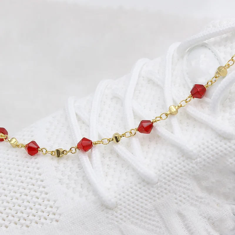 18K GOLD Filled High Polish Finsh Red CRYSTAL ANKLE BRACELET JJA03