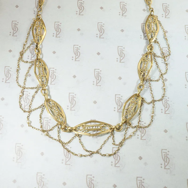 19th Century French 18k Gold Filigree & Pearl Swag Choker