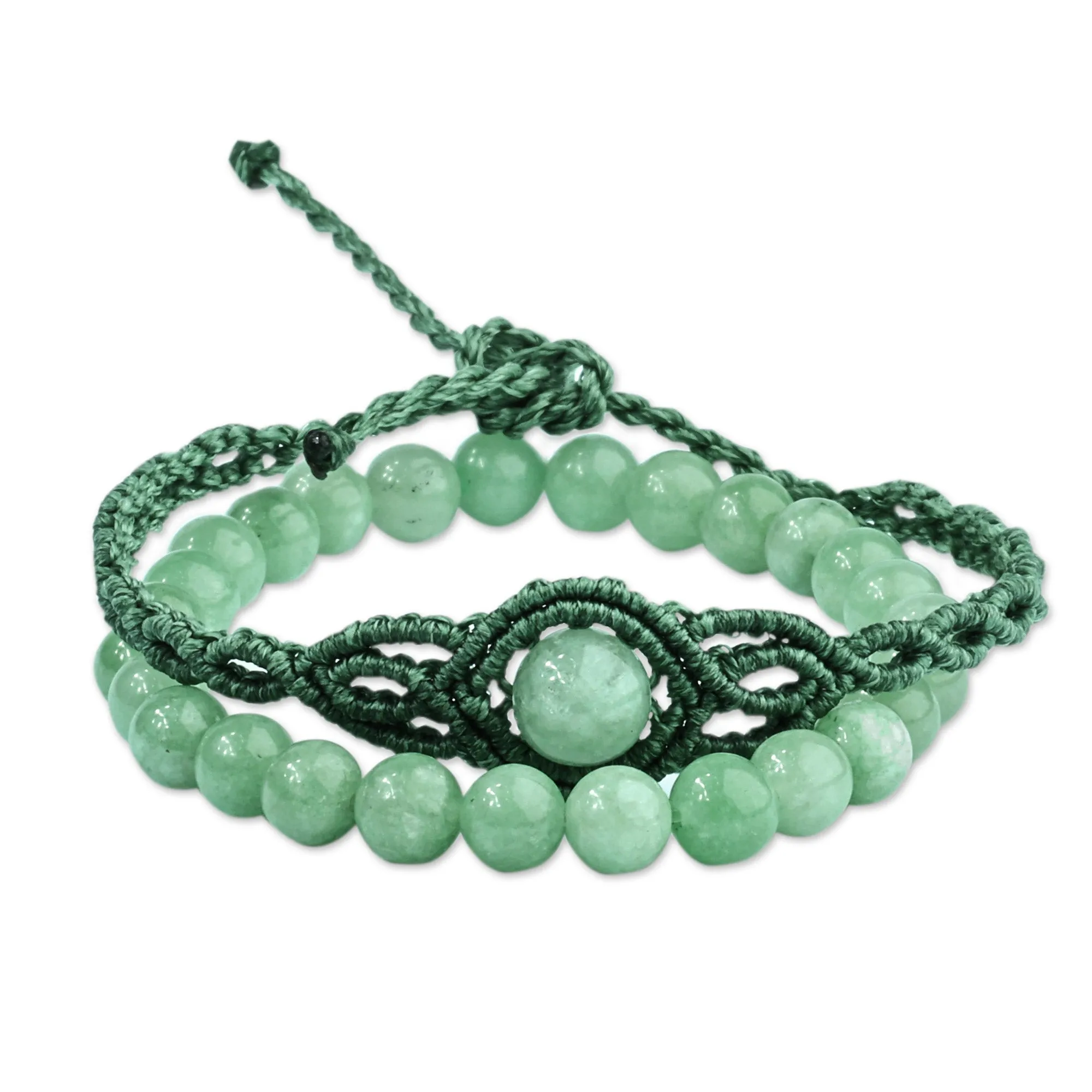 2 Jade Macrame Pendant and Beaded Stretch Bracelets in Aqua - Colorful Duo | NOVICA