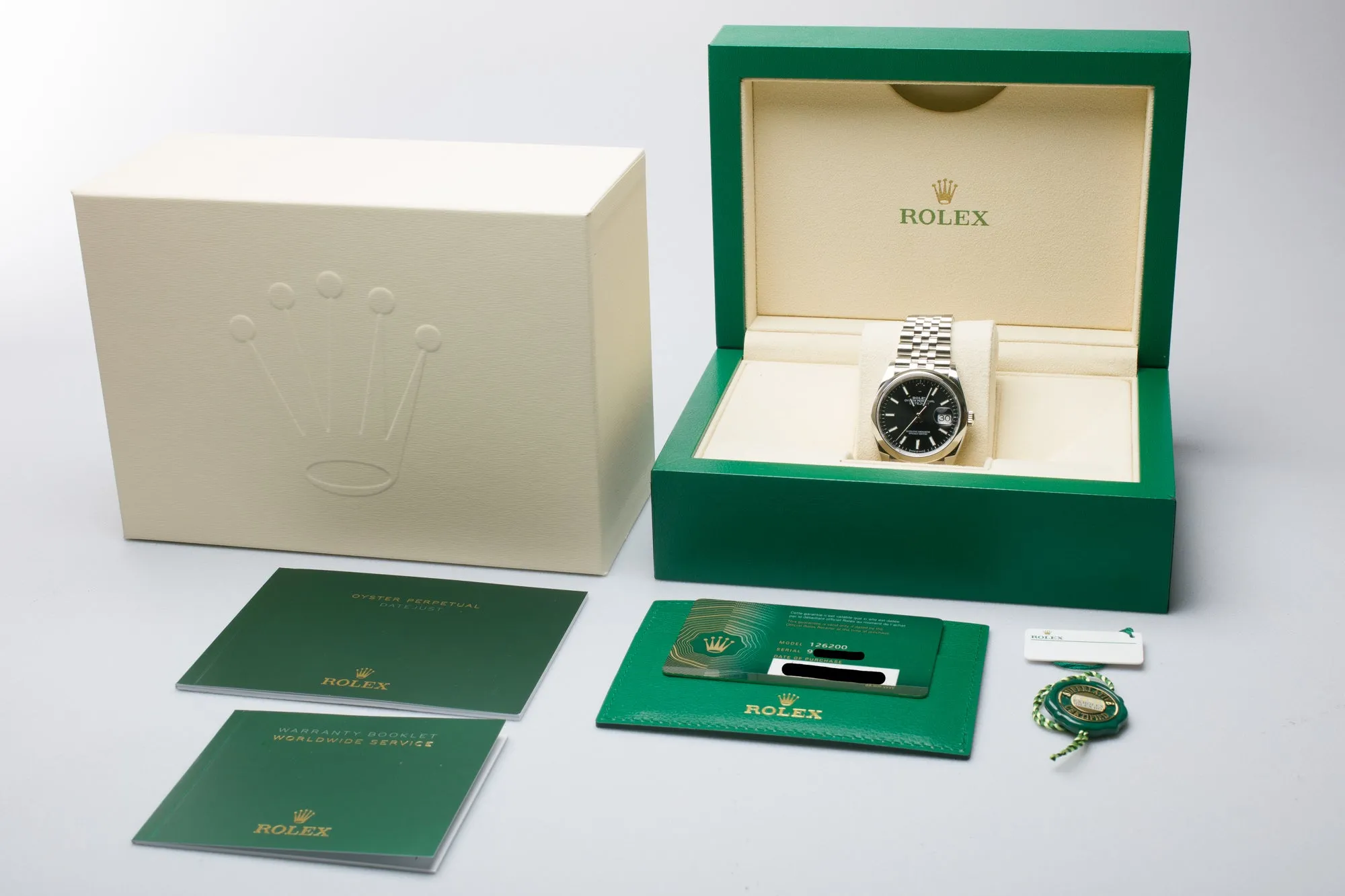 2022 Rolex Datejust 126200 Black Stick Dial Box, Booklets, Hangtags & Card