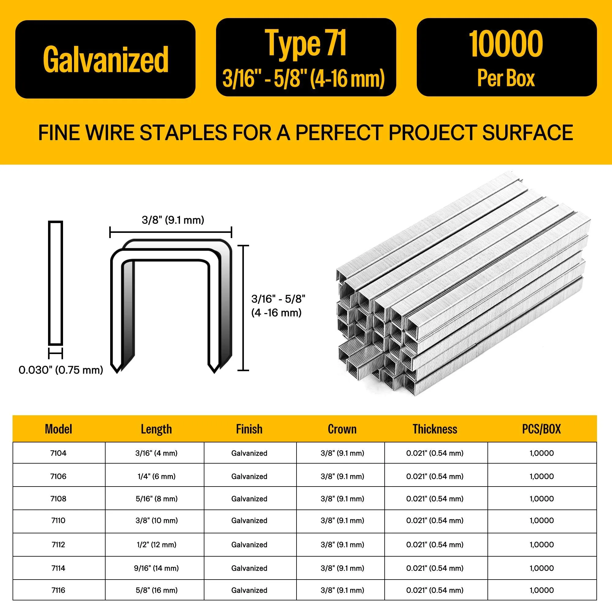 22 Gauge 71 Series 3/8" Crown 3/16" to 5/8" Length Galvanized Fine Wire Staples