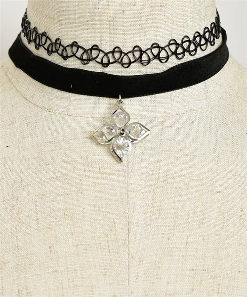 2pc Black Velvet Choker Necklace with Flower Accent