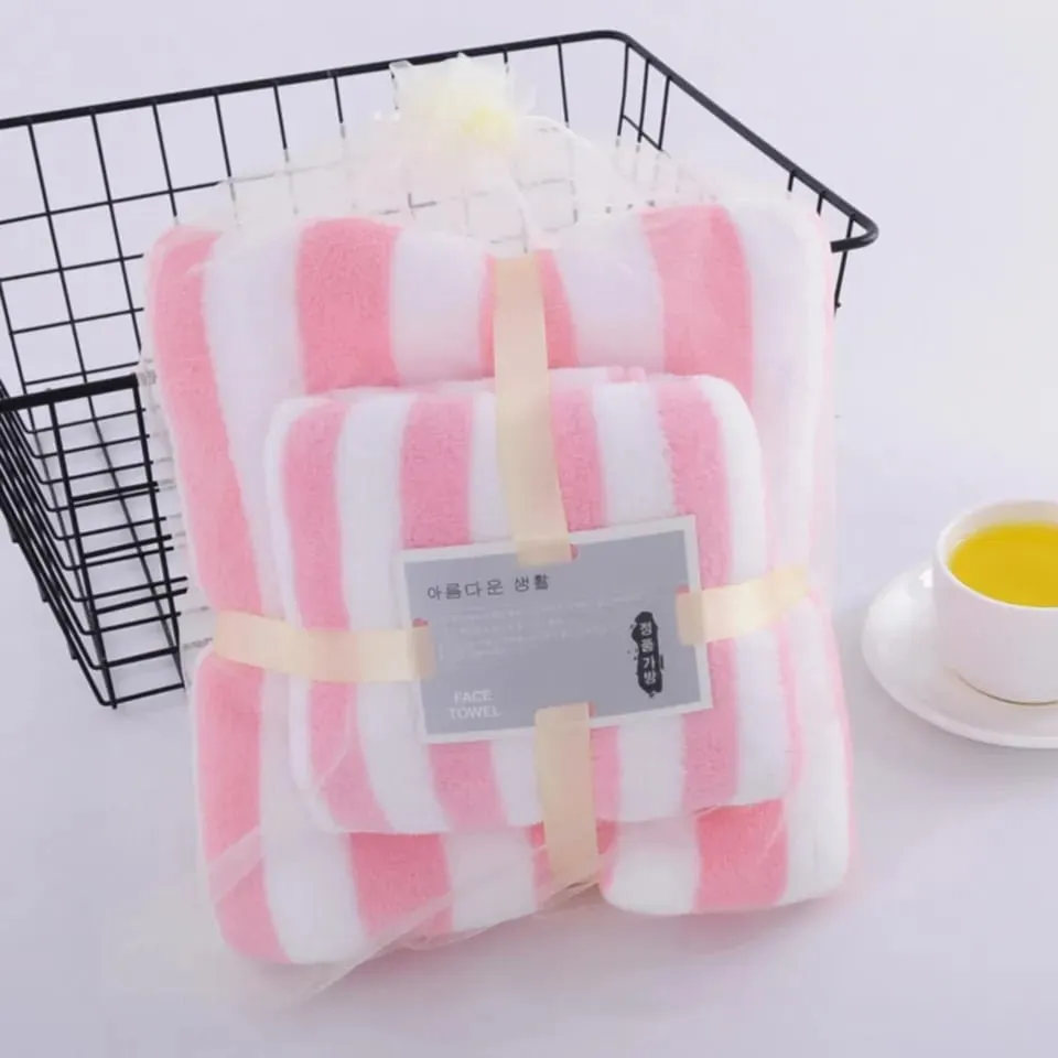 3 in1 wide stripe coral velvet microfiber bath towel