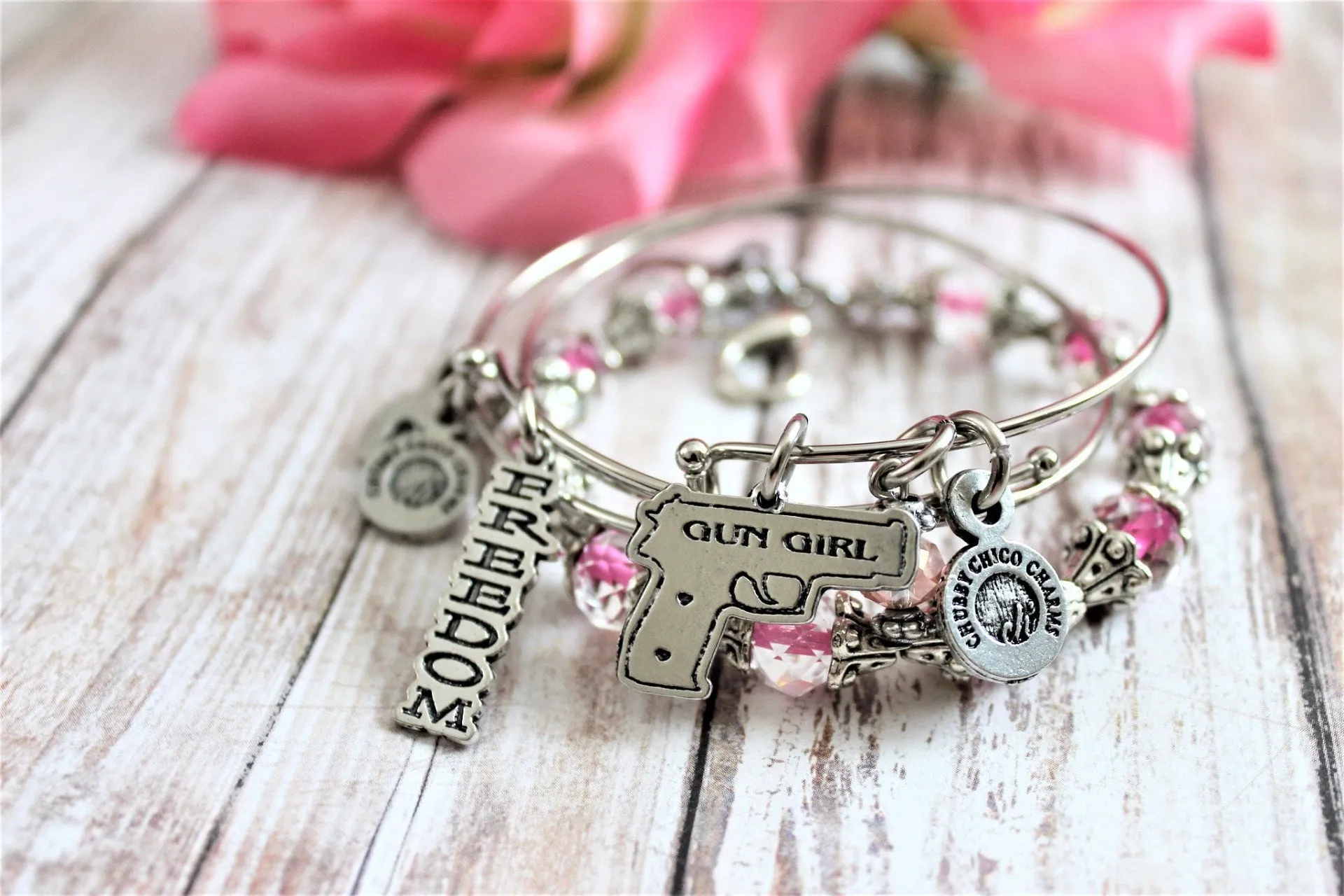 3 Piece Bangle Bracelet Set Gun Girl With Freedom Charm Collection