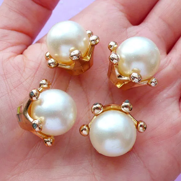 3D Crown and Pearl Embellishments | Kawaii Princess Jewelry Supplies | Crown Cap for Mini Perfume Bottle (4pcs / 21mm x 17mm)