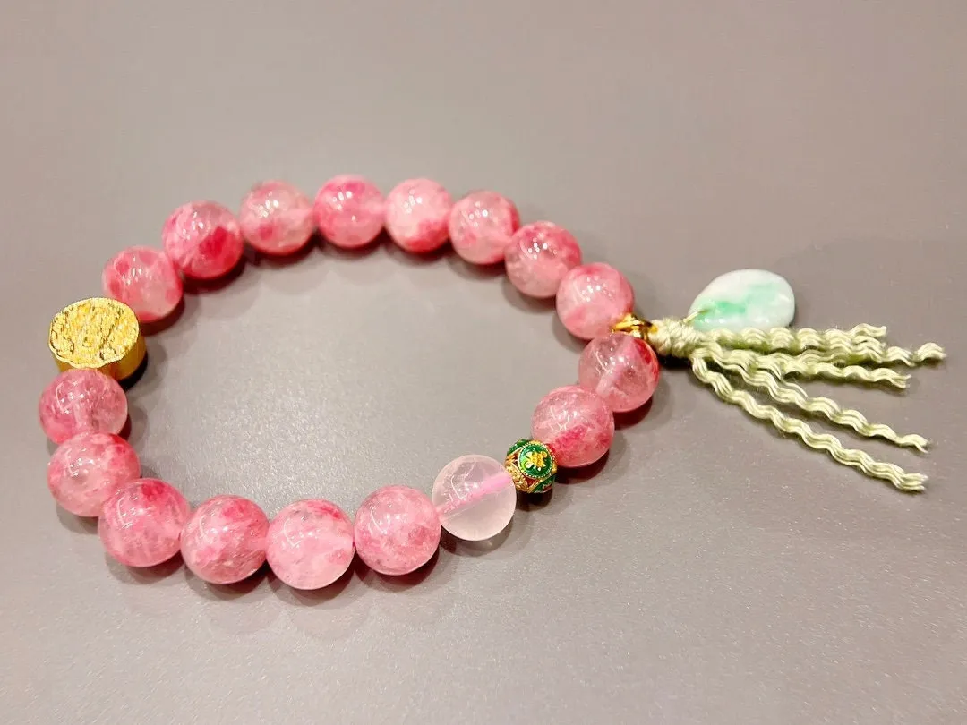 9mm Cherry Blossom Rain Crystal   Jade Five-Way Wealth God Bracelet, Eases Love Tensions,Amazonite Boosts Confidence, Jade Enhances Elegance