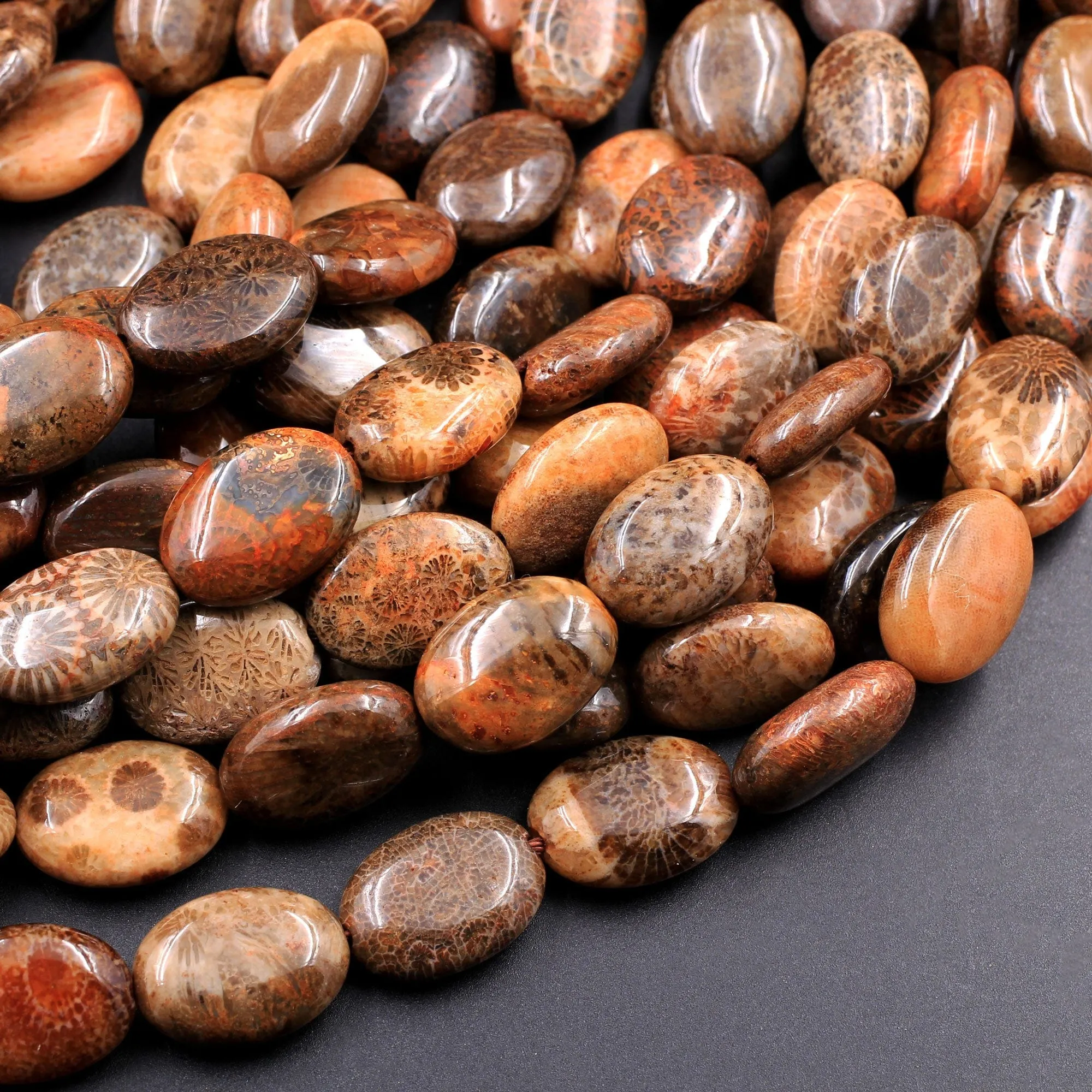 A Grade Natural Indonesian Fossil Coral Oval Beads 14x10mm Red Brown Tan Gray Beads 16" Strand