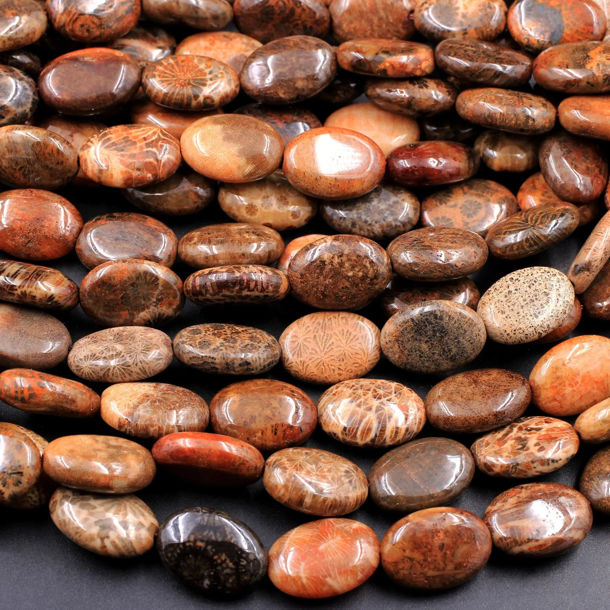 A Grade Natural Indonesian Fossil Coral Oval Beads 14x10mm Red Brown Tan Gray Beads 16" Strand