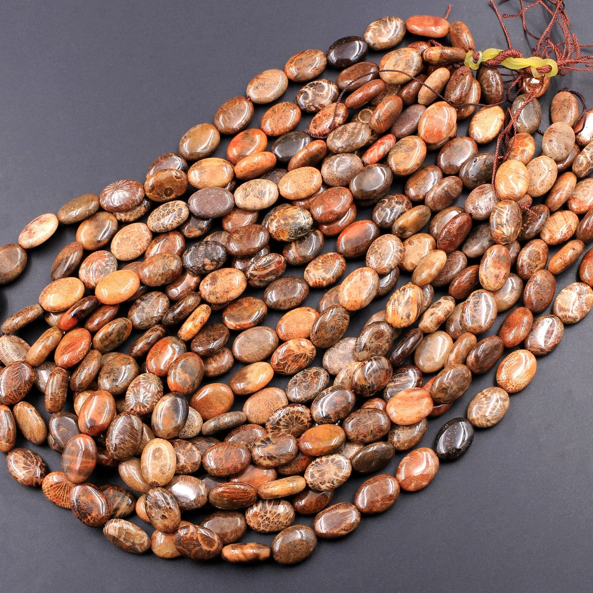 A Grade Natural Indonesian Fossil Coral Oval Beads 14x10mm Red Brown Tan Gray Beads 16" Strand