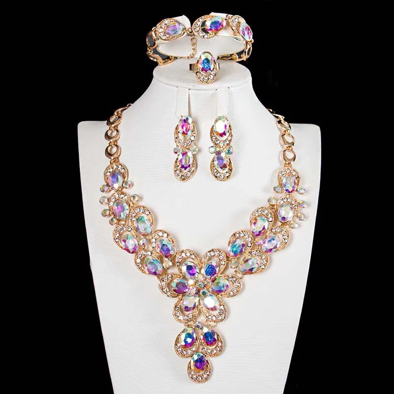 American exaggerated crystal flower gemstone necklace four-piece set of jewelry