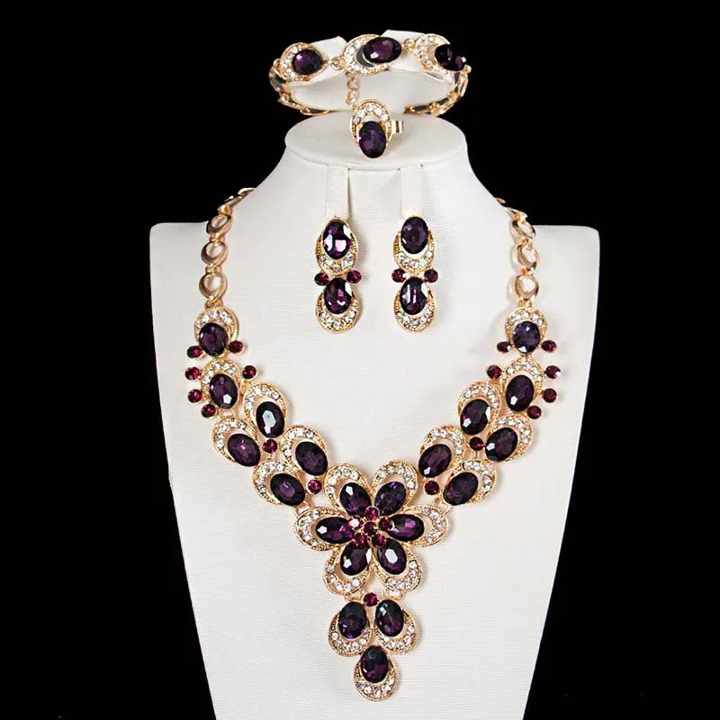 American exaggerated crystal flower gemstone necklace four-piece set of jewelry