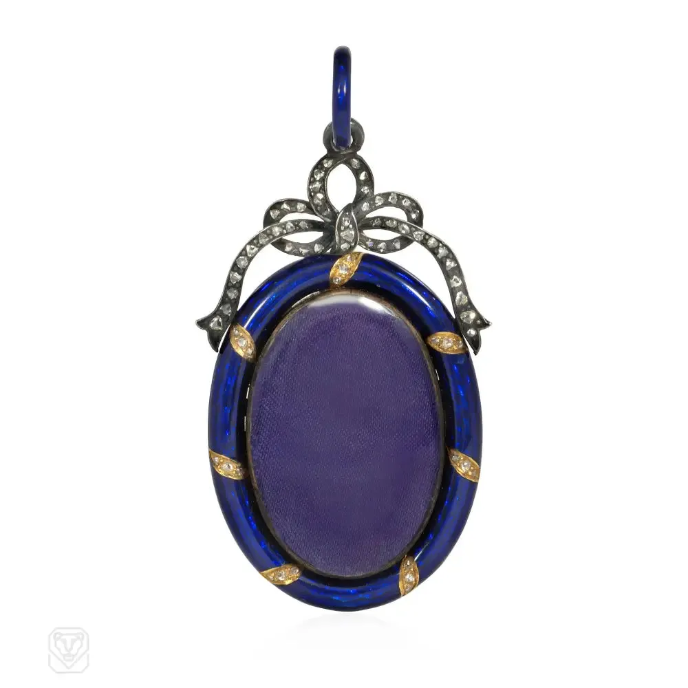 Antique blue enamel and rosecut diamond oval locket