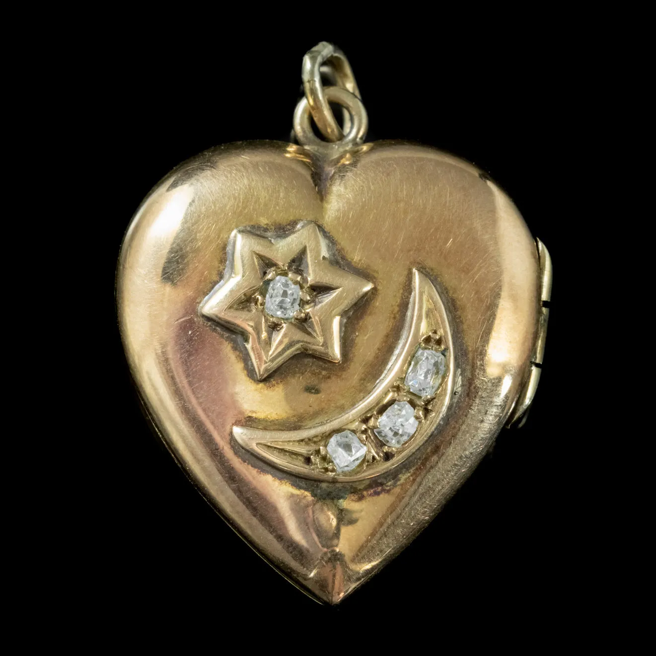 Antique Edwardian Diamond Heart Locket Crescent Star 18Ct Gold Dated 1909