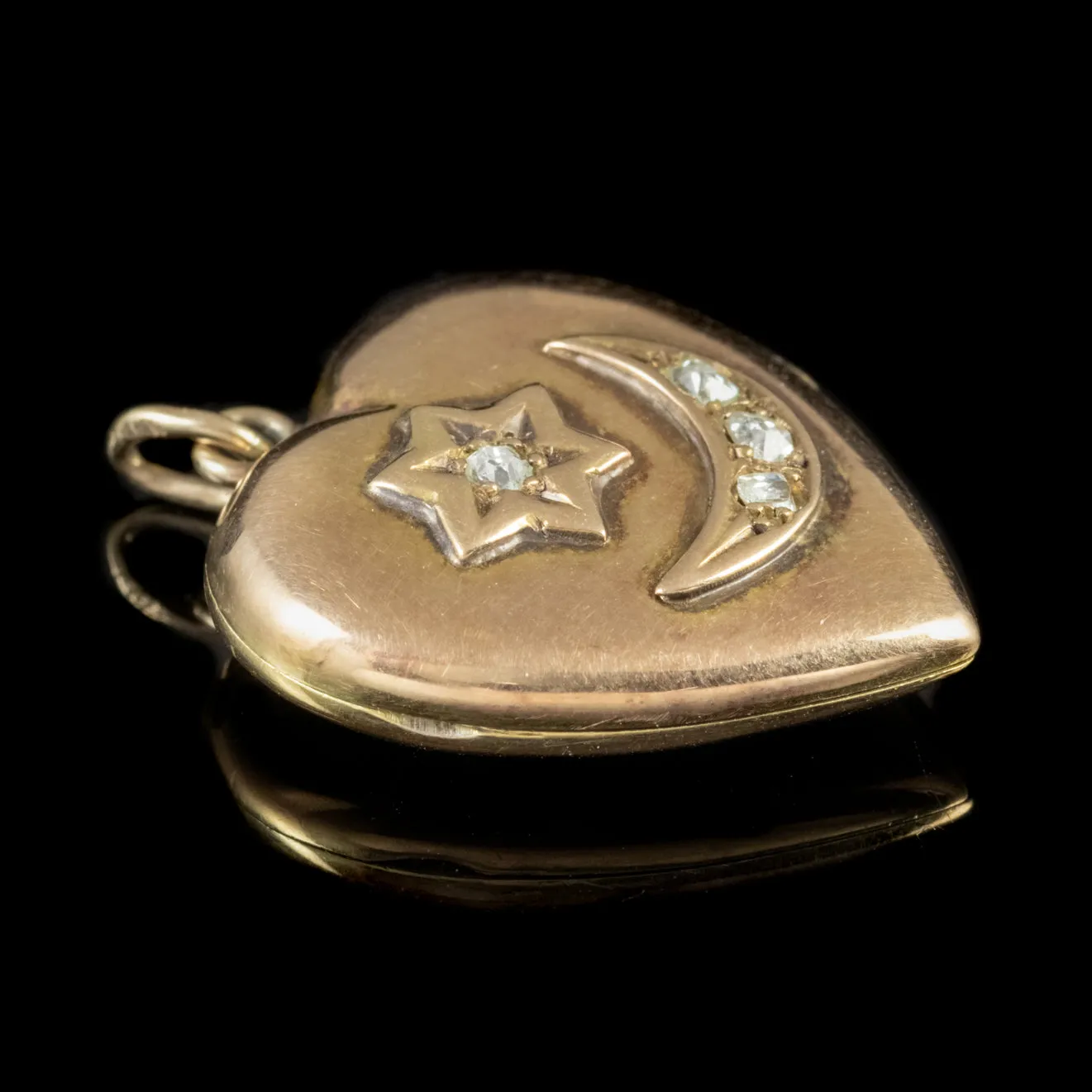 Antique Edwardian Diamond Heart Locket Crescent Star 18Ct Gold Dated 1909