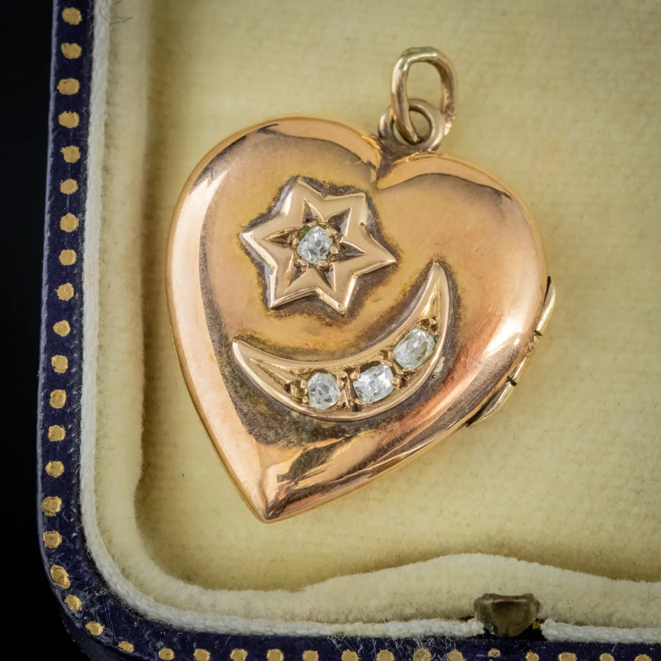 Antique Edwardian Diamond Heart Locket Crescent Star 18Ct Gold Dated 1909