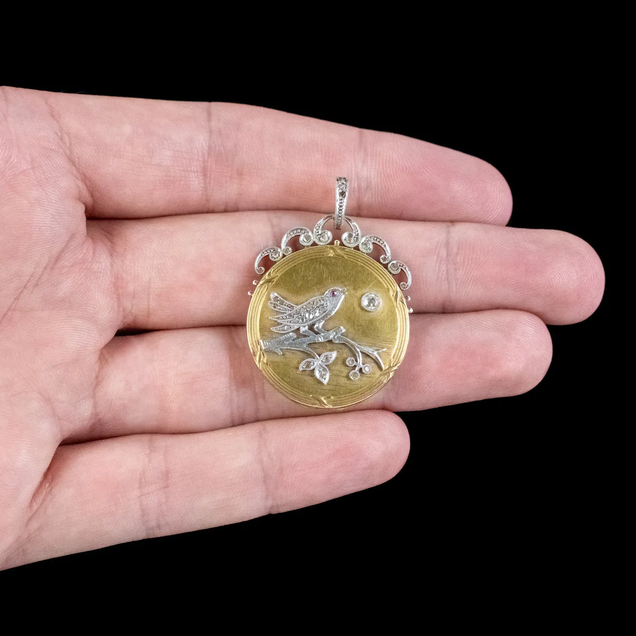 Antique Edwardian French Diamond Bird Locket 18ct Gold Platinum