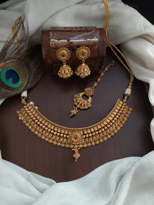 Antique Floral Design Plain Gold Look Choker Set with Jhumki and Tikka