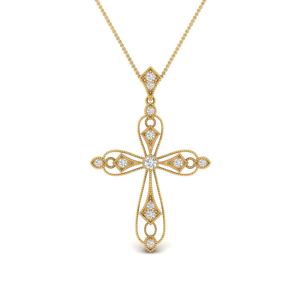 Antique Lab Diamond Delicate Cross Necklace For Women 14K Gold