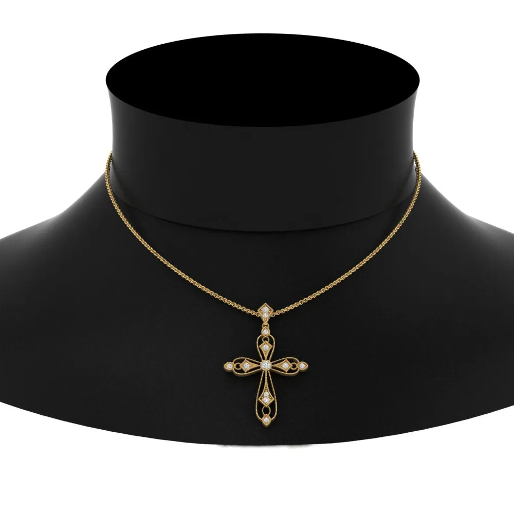 Antique Lab Diamond Delicate Cross Necklace For Women 14K Gold