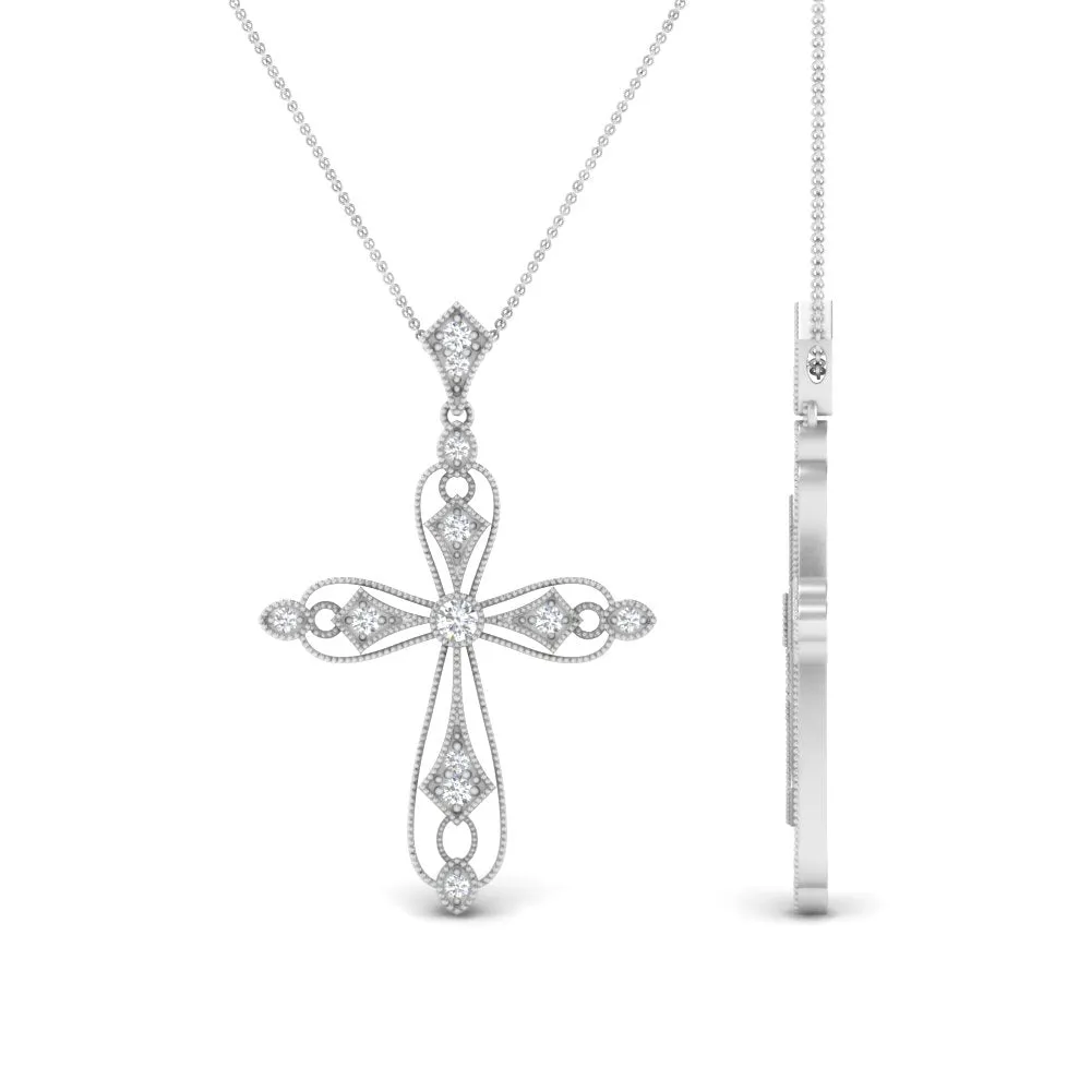 Antique Lab Diamond Delicate Cross Necklace For Women 14K Gold