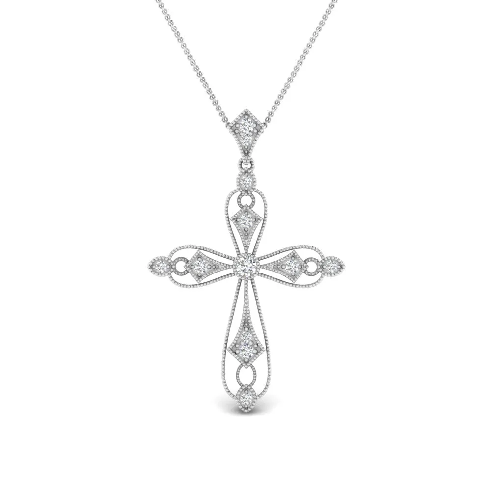 Antique Lab Diamond Delicate Cross Necklace For Women 14K Gold