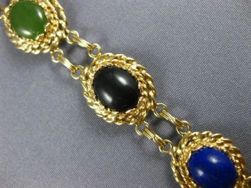 ANTIQUE LARGE & LONG AAA BLACK ONYX LAPAS & JADE 14KT YELLOW GOLD OVAL BRACELET