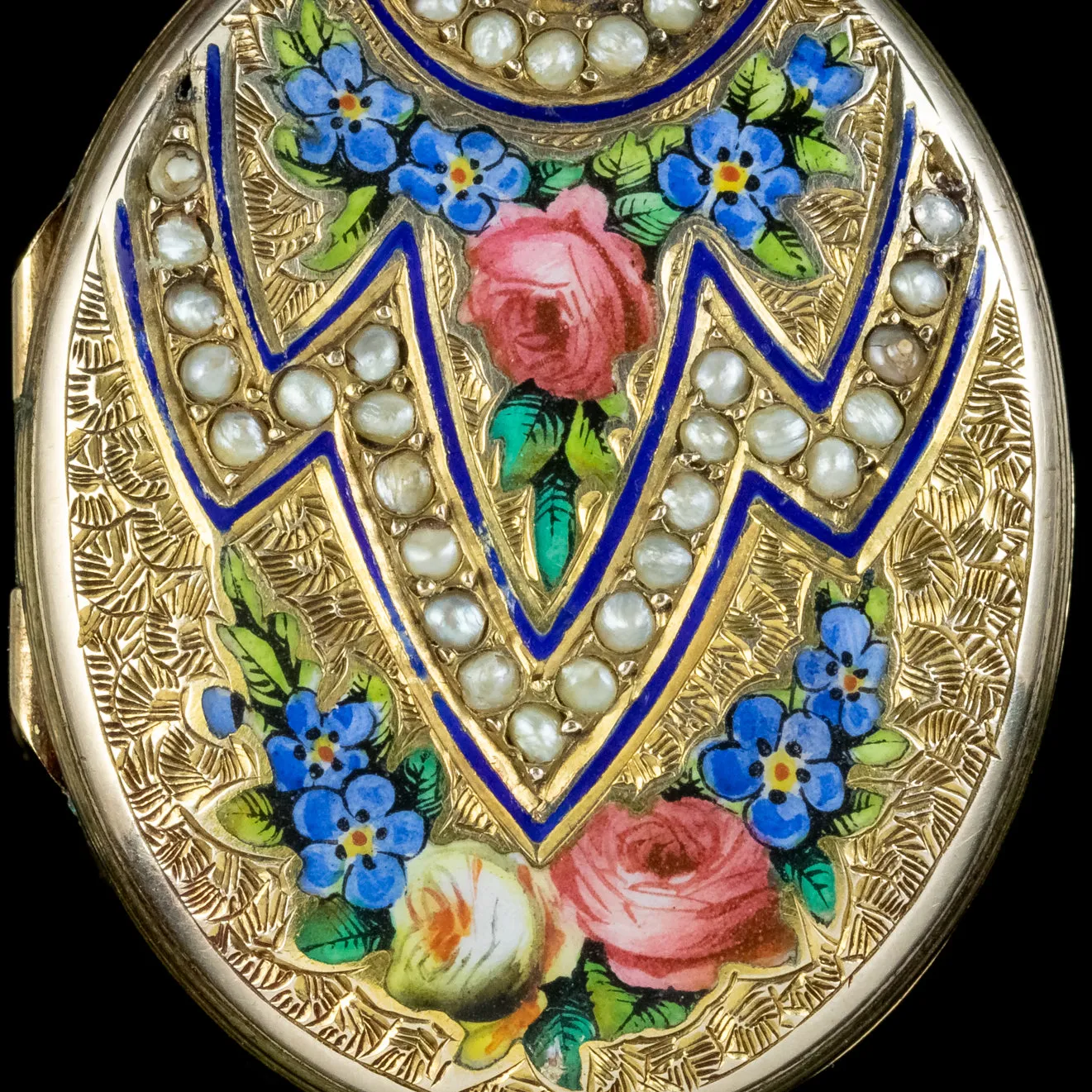 Antique Victorian Floral Pearl Enamel Locket 9ct Gold Circa 1880