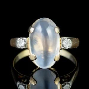 Antique Victorian Moonstone Diamond Ring 9Ct Gold Circa 1900