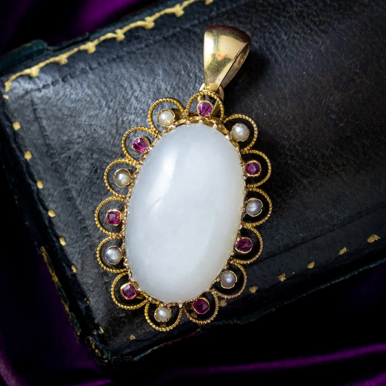 Antique Victorian Moonstone Ruby Pearl Pendant 15ct Gold 19.5ct Moonstone