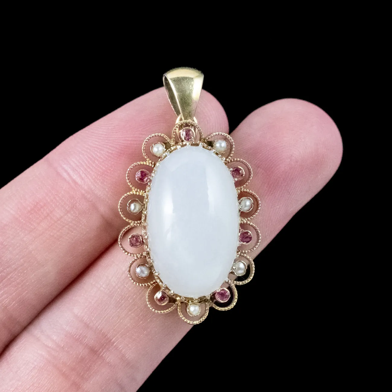 Antique Victorian Moonstone Ruby Pearl Pendant 15ct Gold 19.5ct Moonstone