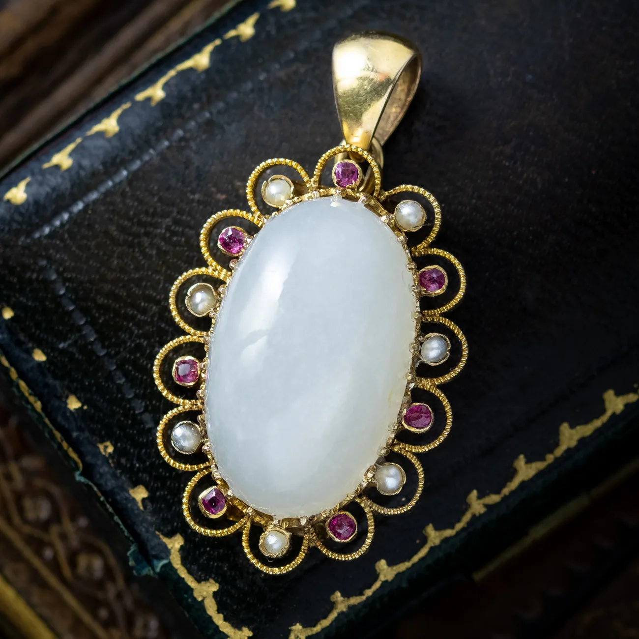 Antique Victorian Moonstone Ruby Pearl Pendant 15ct Gold 19.5ct Moonstone