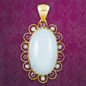 Antique Victorian Moonstone Ruby Pearl Pendant 15ct Gold 19.5ct Moonstone