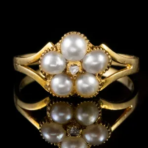 Antique Victorian Pearl Diamond Ring 18Ct Gold Locket Back Circa 1880