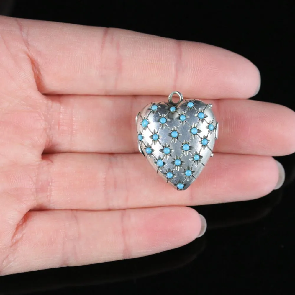 Antique Victorian Turquoise Heart Locket Silver Circa 1880