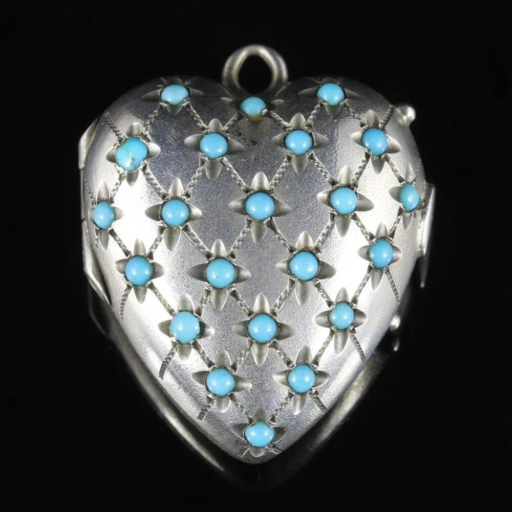 Antique Victorian Turquoise Heart Locket Silver Circa 1880