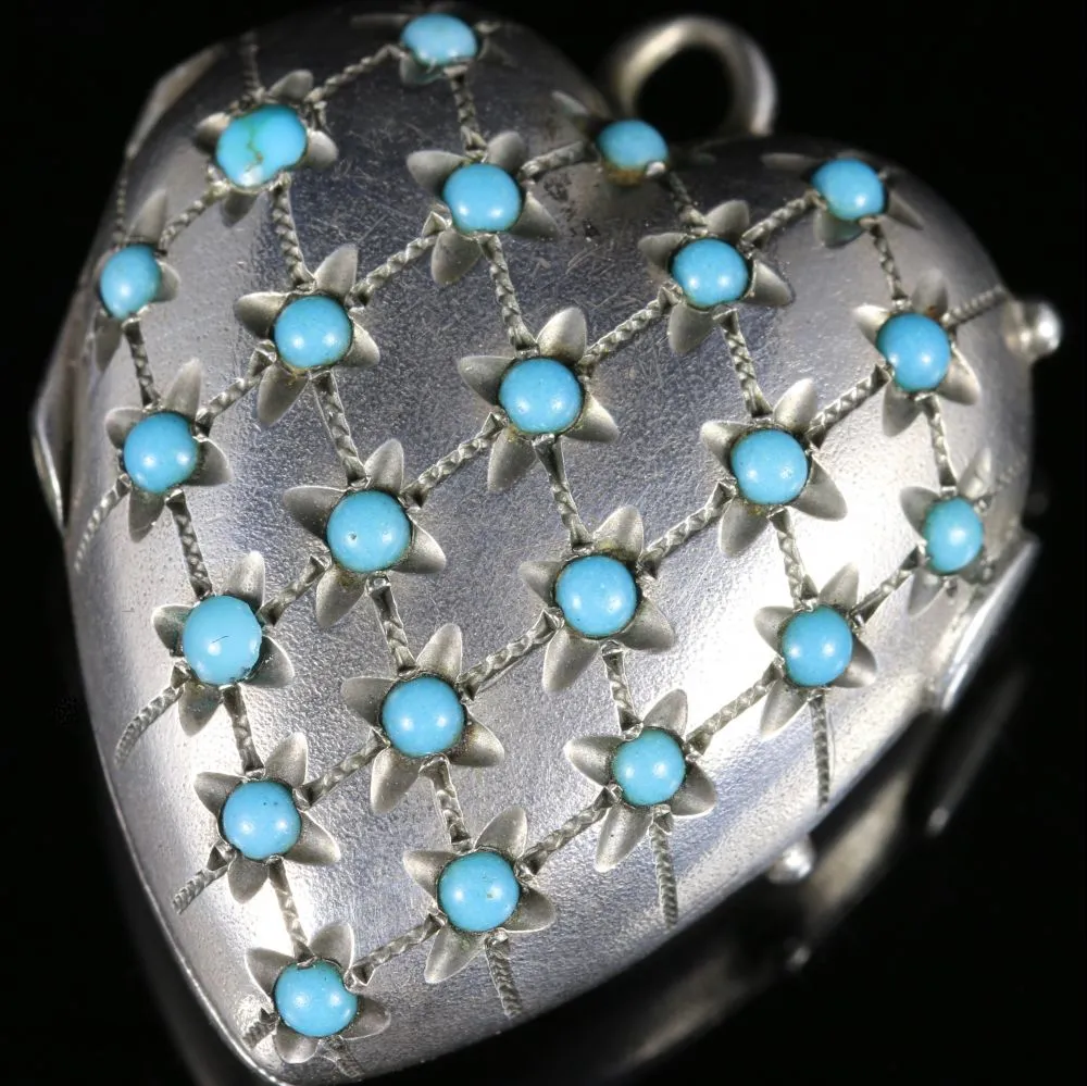 Antique Victorian Turquoise Heart Locket Silver Circa 1880