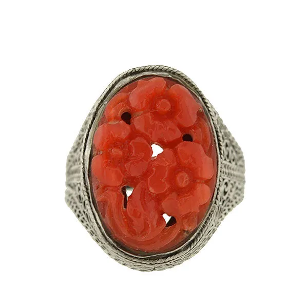 Art Deco Chinese Silver & Floral Carved Coral Filigree Ring